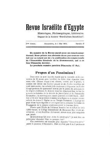 Revue israélite d'Egypte. Vol. 3 n° 09 (07 mai 1914)